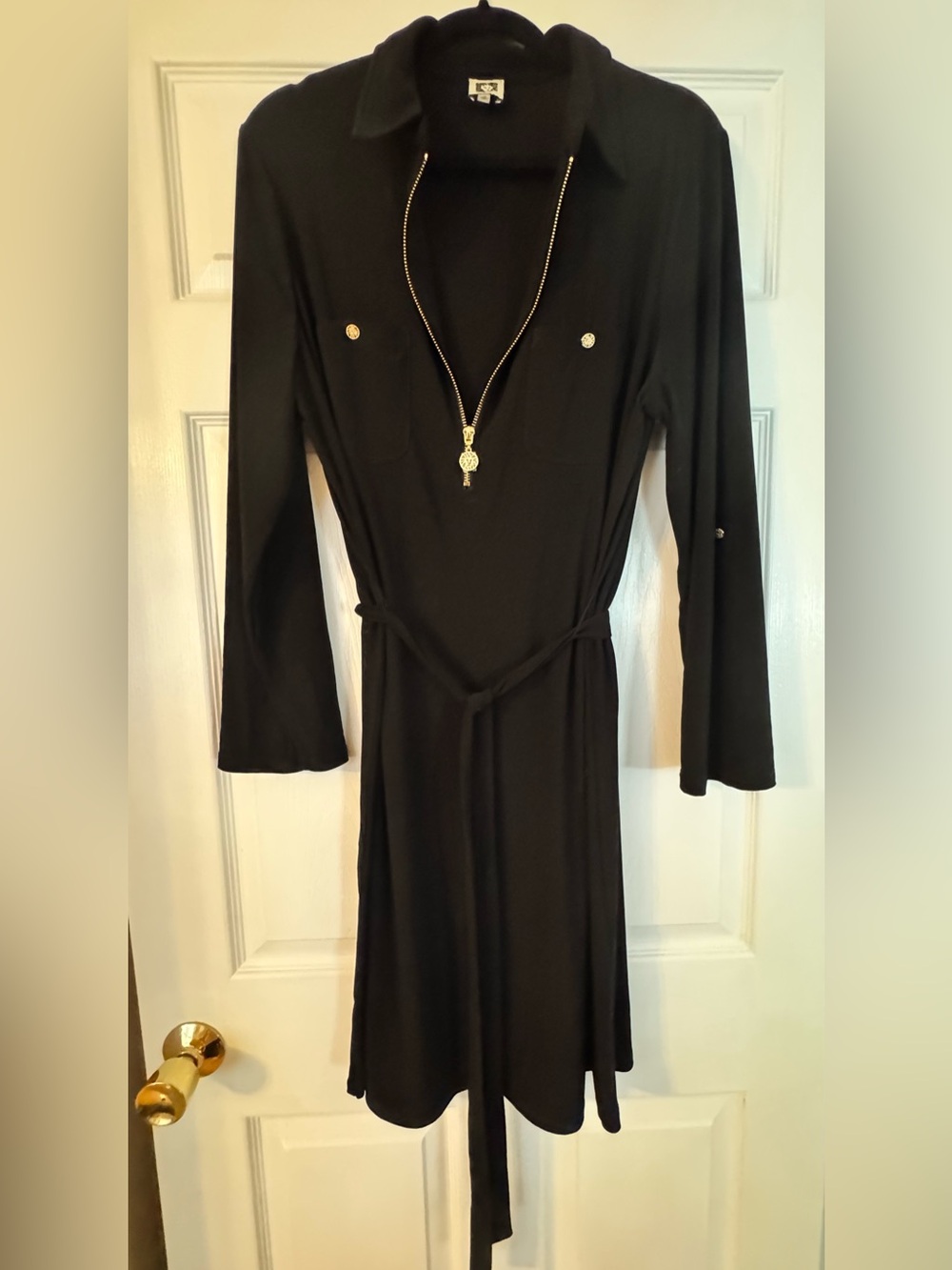 Ann Klein Classic Black Long-Sleeve Zip-Front Dress with Waist Tie